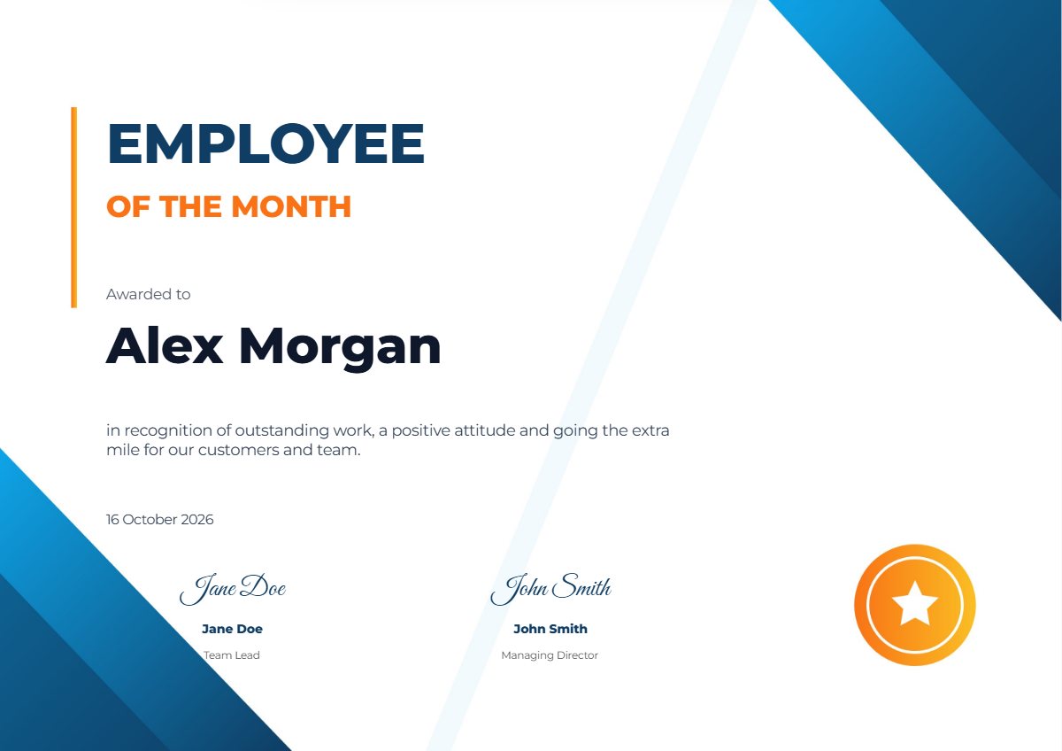 Employee of the month certificate template preview