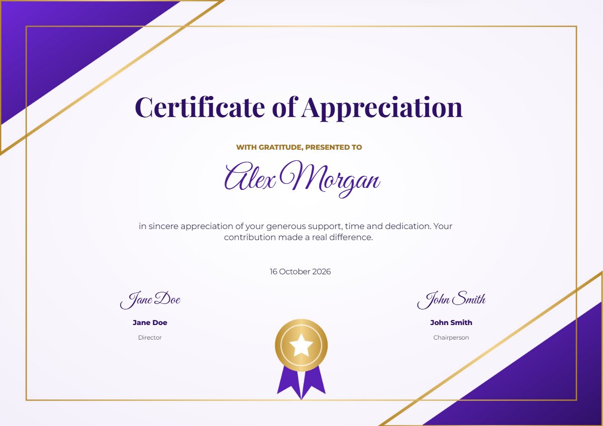 Purple certificate of appreciation template preview